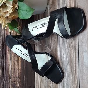 MODA SPANA BLACK LEATHER BACKLESS SLIP-ON HEELS